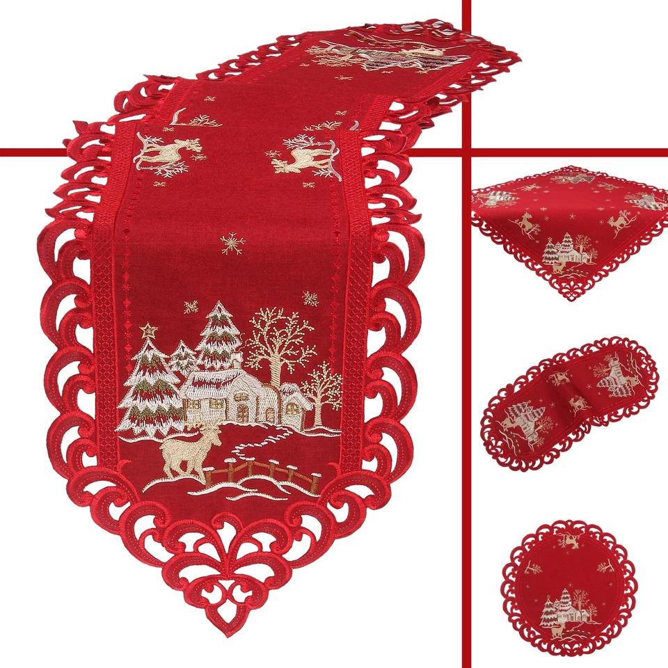 Weihnachten Tischläufer Tischdeckchen Leinen-Optik Weiß Dunkel-Rot Mitteldecke - Bild 1 von 2