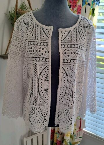 New Women's White Lace Crochet Shrug Cardigan Petite Lge 3/4 sleeve Open Front