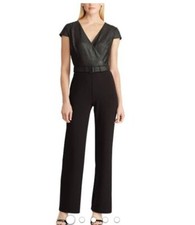 LAUREN RALPH LAUREN Black Belted V Neck Cap Sleeve Jumpsuit Sparkle Top Size 2
