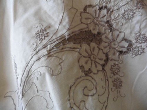 ANTIQUE YELLOW STRAW COTTON TABLECLOTH GREY EMBROIDERY 240 X 160 CM - Picture 3 of 11