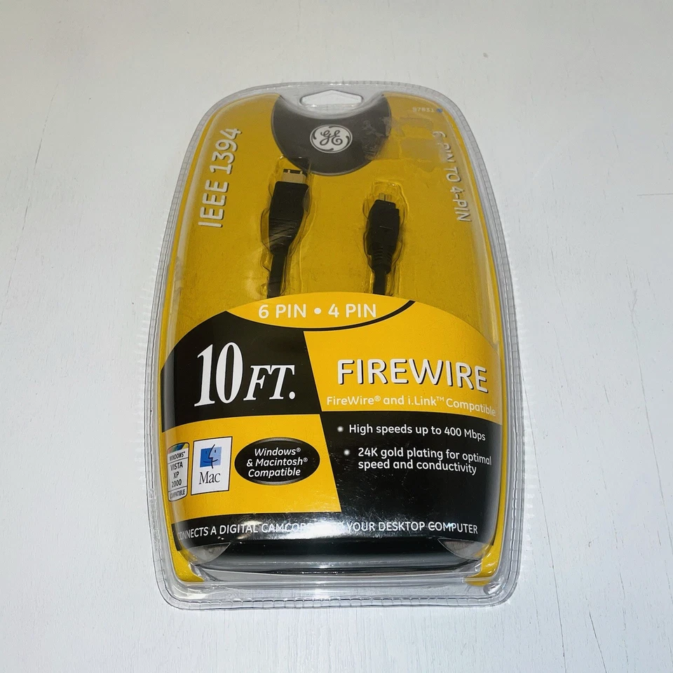 New GE 10 ft. 6 Pin 4 Pin FireWire IEEE 1394 High Speed Cable PC MAC 24k Plated - Image 2 of 4
