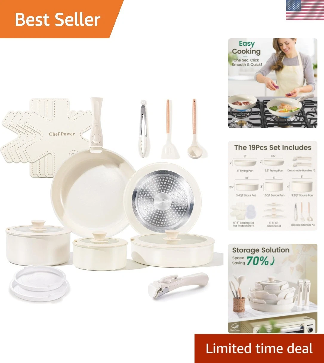 Ceramic Cookware Set Non Toxic with Detachable Handles, Healthy Nonstick Pans...