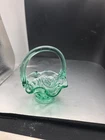 Vintage Fenton Art Glass Weaved Basket Vulcan Sea Green Mini Bow 4.4" X 2.75"