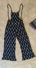 Earthbound BoHo Black with White Paisley Overalls Jumpsuit Crinkle Texture