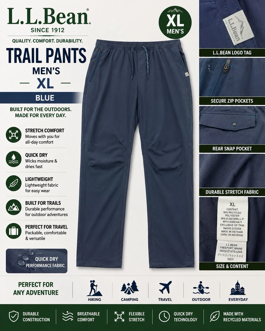 L.L.Bean Trail Pants Men’s XL Blue Hiking Outdoor Stretch Quick Dry Multi Sport