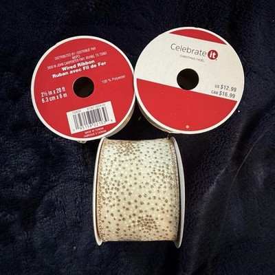 Celebrate It Wire-Edged Glitter Ribbon 2.5in x 20ft Gold/Ivory Polyester