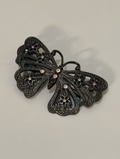 3 Vintage Large Butterfly Hair Barrette. Bronze-tone w/ Pastel Pink Ice Stones.