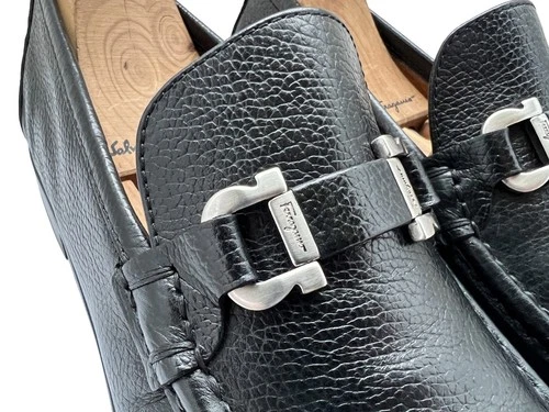 $1090 Salvatore Ferragamo LOOP Mens Silver Gancini Bit Leather Shoes Loafers 8 D