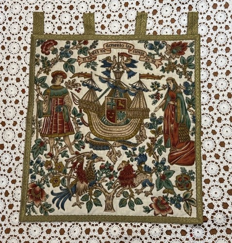 Vintage Wall Hanging Tapestry medieval revival Ship & Crest Decor Detailed