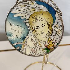 Vtg Stained Glass Window, Sun catcher, Bless This Home, Angel w/rose
