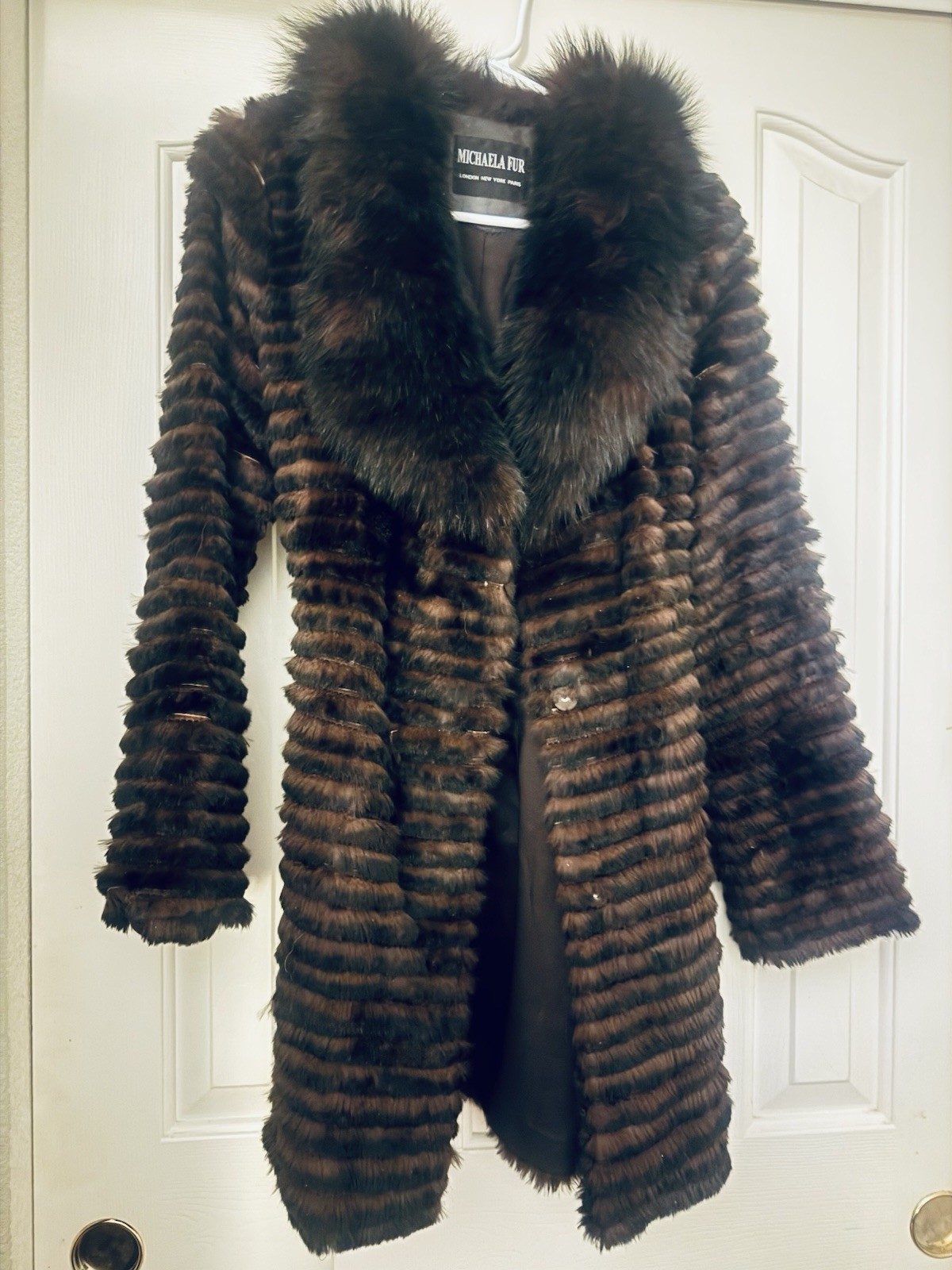 Michaela Fur Brown Striped Button Collared Mid-Le… - image 1