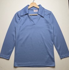 Vintage Empire Knitwear Blue Johnny Collar Long Sleeve Top USA Made Blue 70s 60s