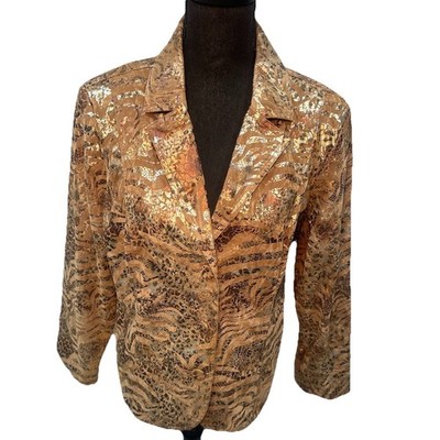 Erin London Blazer Women's Large Brown Textured Animal Print Shimmer Lining Y2K