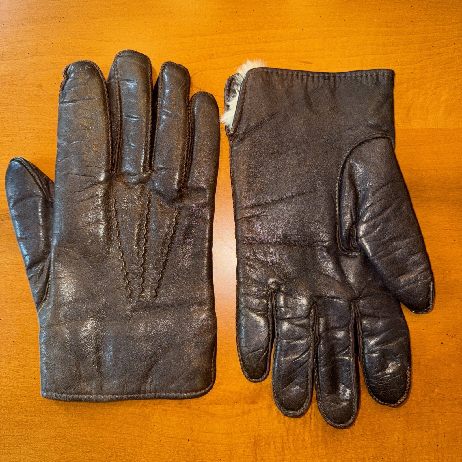 VTG Rabbit Fur Lined Brown Leather Driving Gloves Men's Size XL 11-11 1/2 EUC