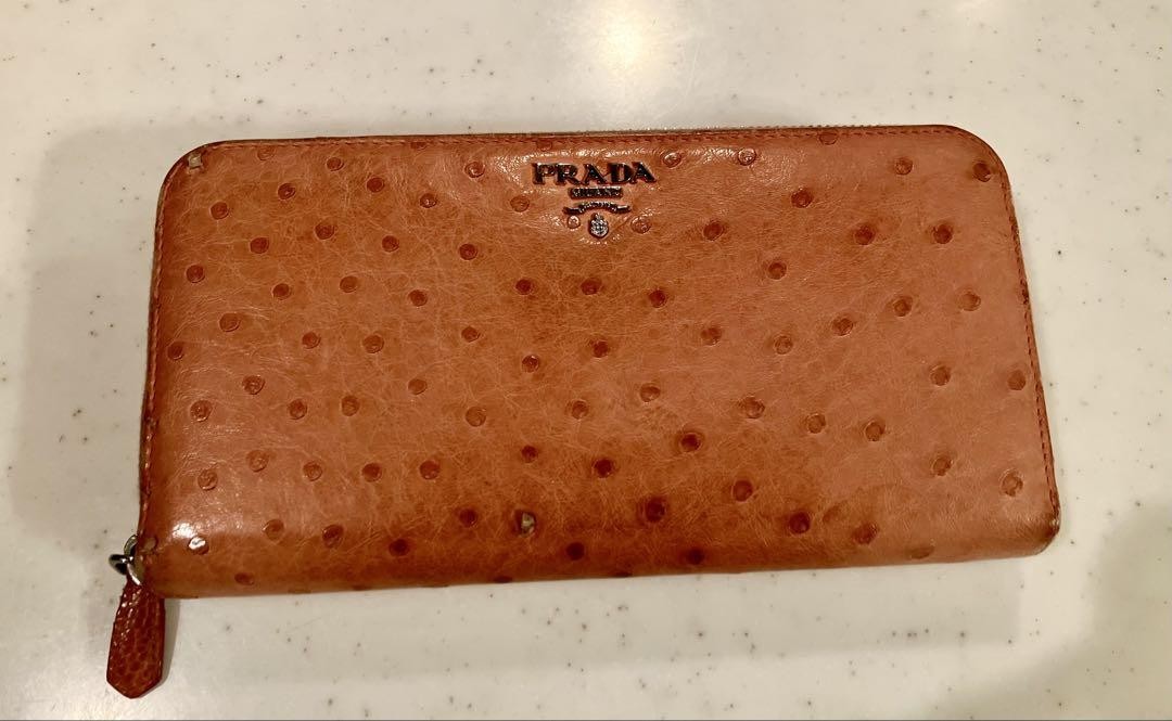 PRADA Ostrich Leather Round Zip Long Wallet with Logo