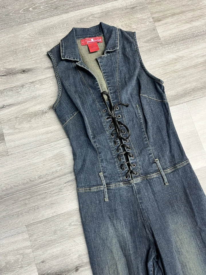 Mono de Colección Años 90 Y2K Hot Kiss Lavado Oscuro Con Cordones Denim Campana Parte Inferior Talla XS Foto 3 de 4