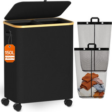 Double Laundry Hamper with Lid and Wheels, 150L Large Laundry Basket with 2 Sect
