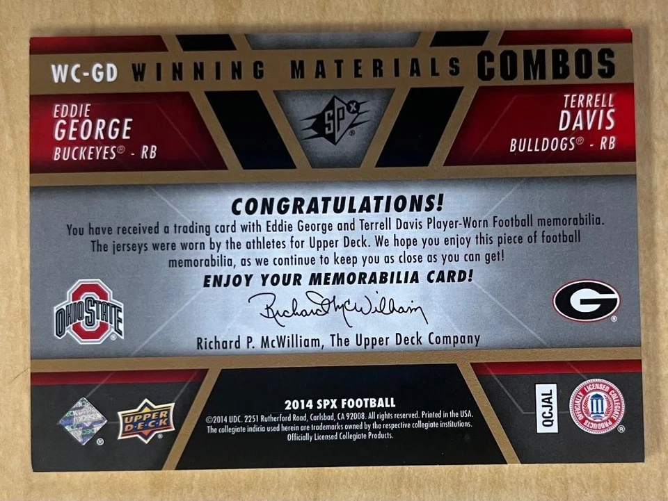 Parche doble 2014 UD SPX Winning Materials Eddie George Terrell Davis/25 oro SSP Foto 2 de 2