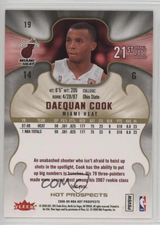 2008-09 Fleer Hot Prospects Daequan Cook #19 - Image 2 of 2