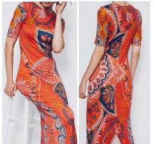 $168Farm Rio Anthropologie Giannina Midi Dress Printed Orange Zip Size XS.