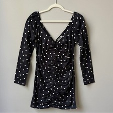 Asos Dress Women's 4 New NWT Polka Dots Black Cream Cotton Fitted Ruching Retro
