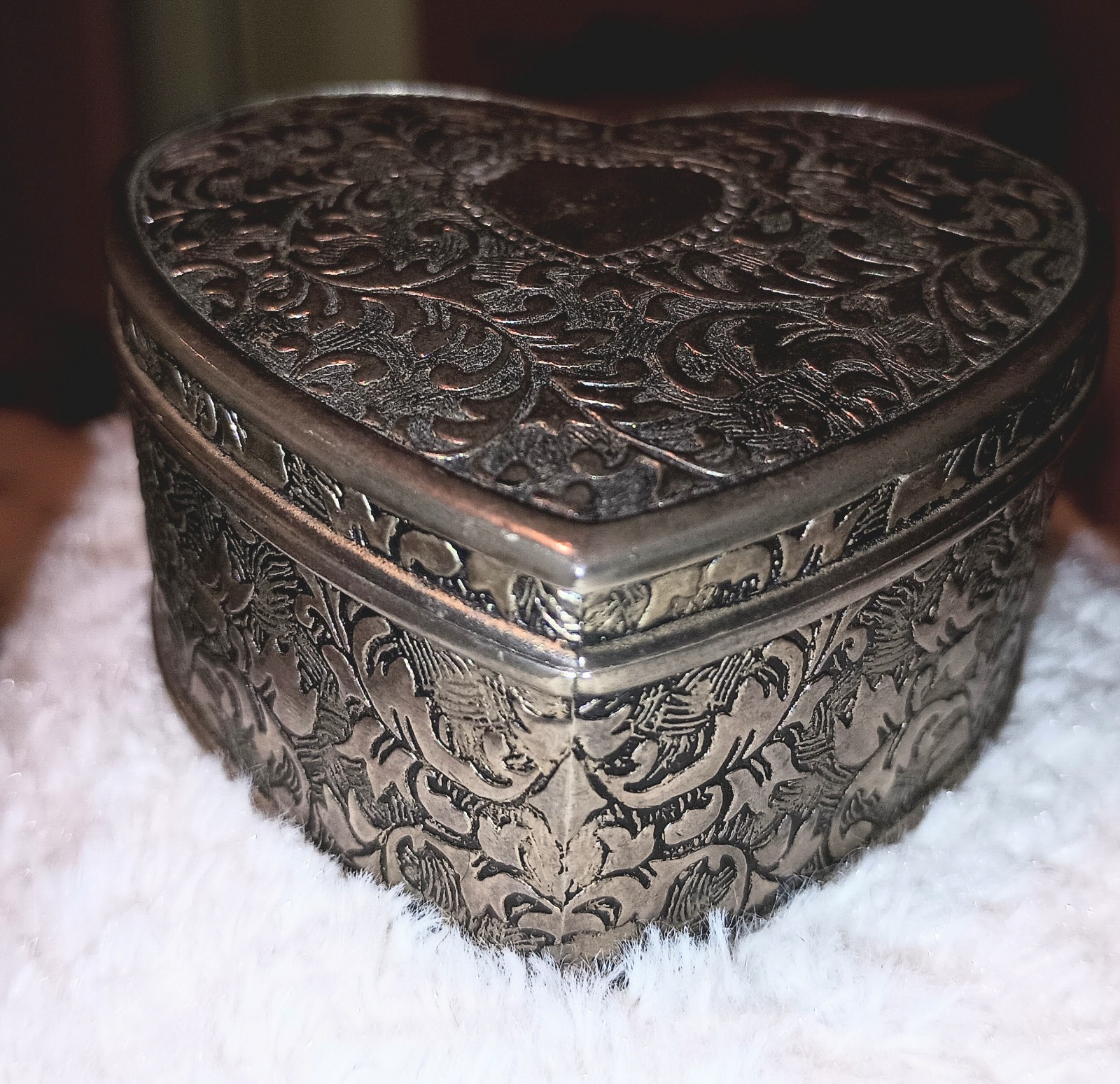 Vintage Heavy Silver Tone (Unsure Of Metal) Heart Ring Box, Int. Red Velvet