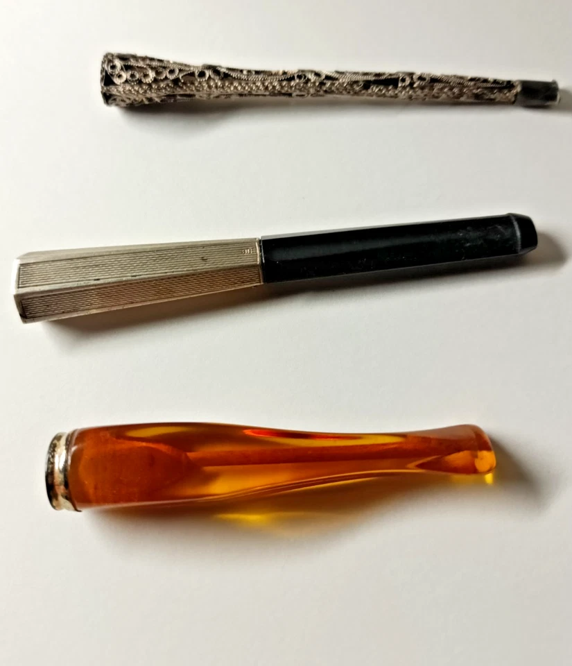 3 Antique Cigarette Holders Silver Filigree, Amber and Bakelite/w silver Clean - Image 2 of 4