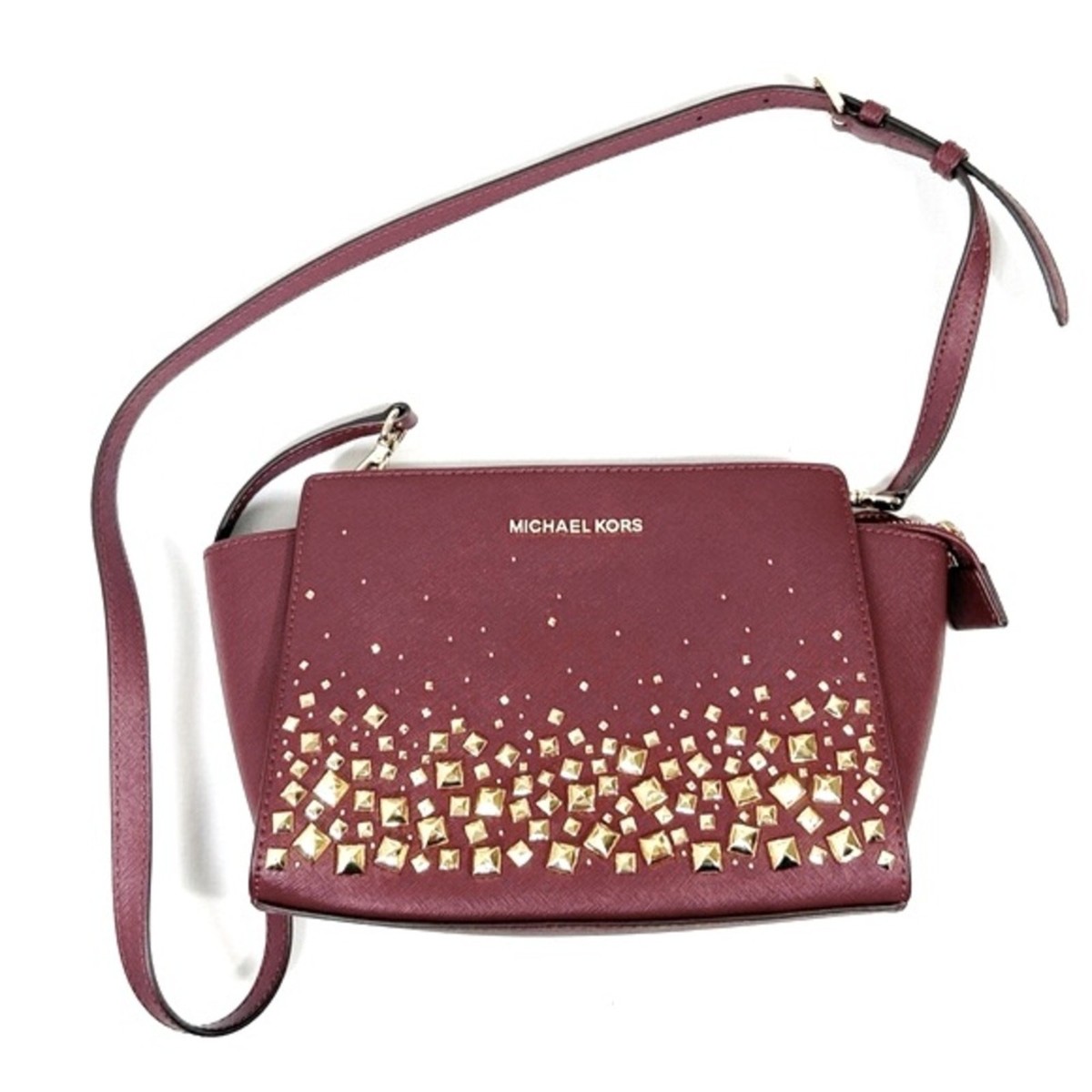 Michael Kors Selma Medium Saffiano Leather Satchel Studded/Love in Merlot