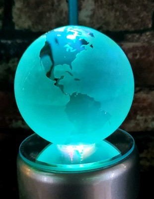 Vintage Glass World Globe Etched Crystal Heavy Paper Weight 2¾'' w/Rotating Light