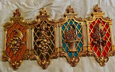 4 VINTAGE SYROCO OR HOMCO BAROQUE GOLD WALL PLAQUES FLORAL AND FRUIT 14” LONG