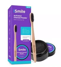 iSmile Activated Charcoal Natural Teeth Whitening Powder with Bamboo Toothbrush