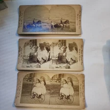 Lot of 3 Vintage Stereoscope Viewer Cards Children Girls Riding Bike Horse PB2
