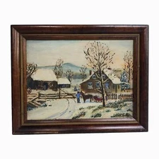 Bucks County Winter Scene Landscape Oil Painting 1950s Folkart Primitive 15x19