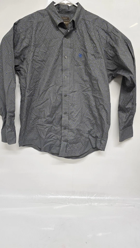 Camisa de Vestir Ariat Para Hombre Mediana Elastizada Botón Vaquero Western Gris Azul Foto 2 de 4