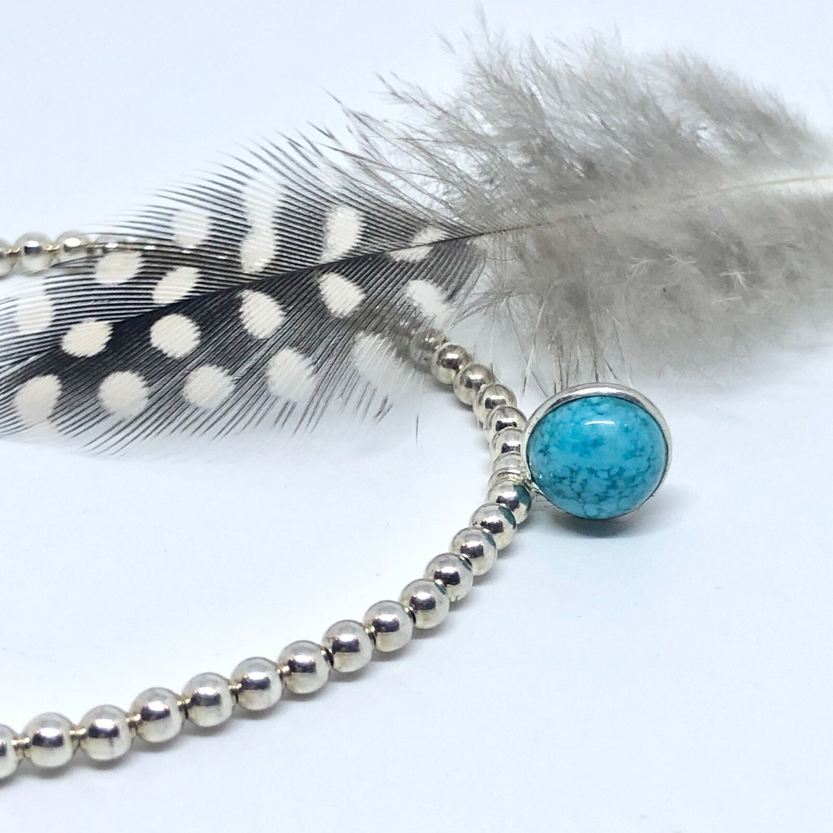Silver Stretch Bracelet with Turquoise Gemstone Charm Handmade
