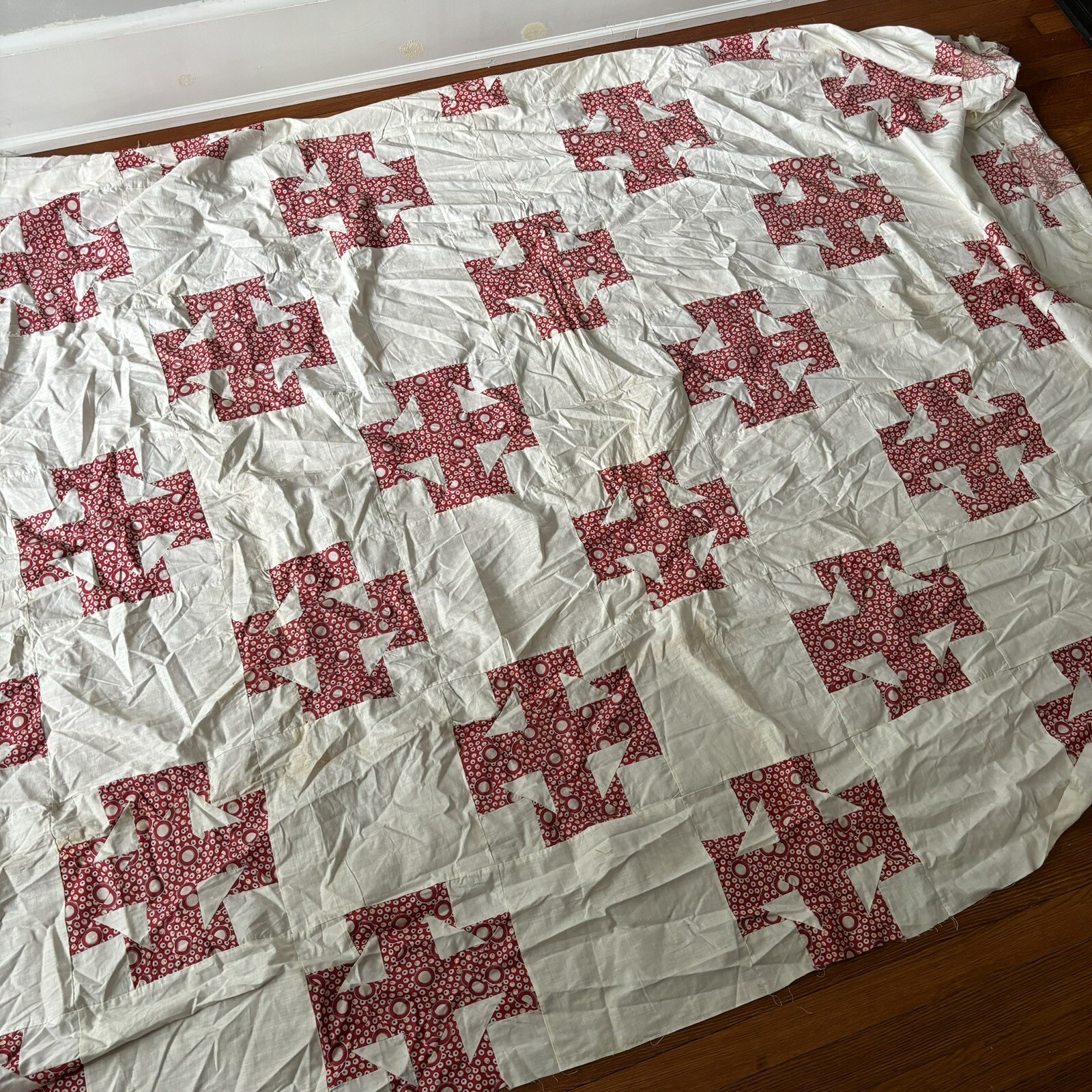 Vintage Red And White Quilt Top As Is Worn Flaws Yellowing 40s 50s Cute