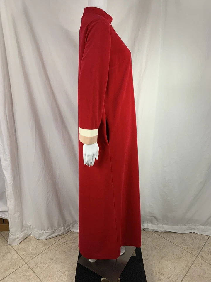VINTAGE VANITY FAIR Long Nightgown Size 14 Kaftan Red Beige 3/4-Zip Pocket Mumu - Image 3 of 4