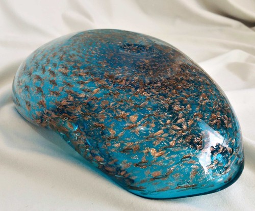 Vintage MURANO Art Glass Ashtray MCM Teal Blue and Gold ~ 3 pounds 15 ounces. - Picture 6 of 8