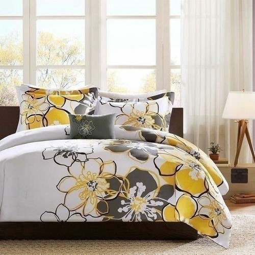 Twin XL Full Queen Bed Gray Grey Yellow 