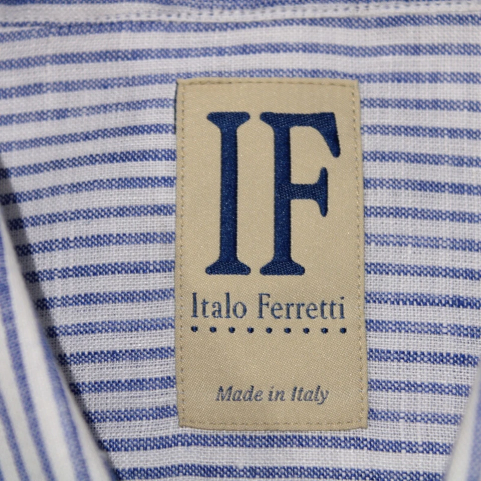 IF Italo Ferretti NWT Dress Shirt Size 16.5 42 L US In Blue Striped 100% Linen - Image 3 of 4