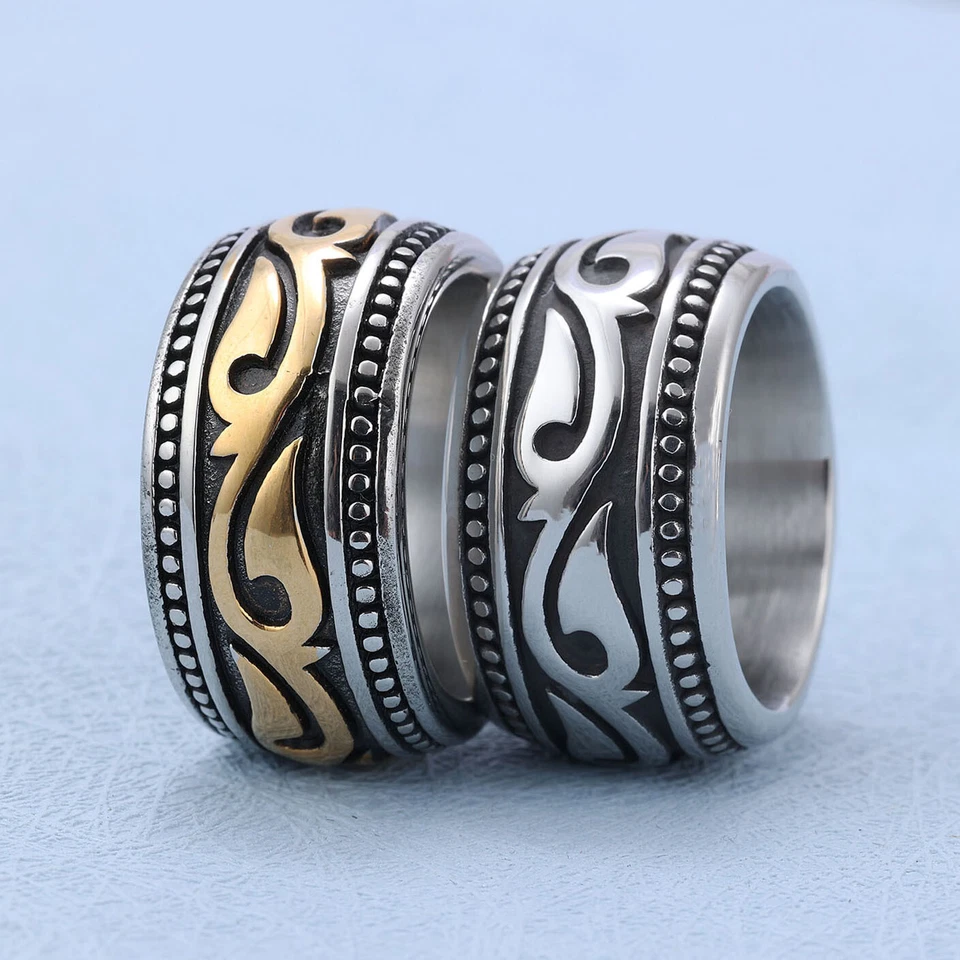 Vintage 14mm Big Wedding Bands Flower Vine Ring Stainless Steel Men's Heavy Band - Image 2 of 4