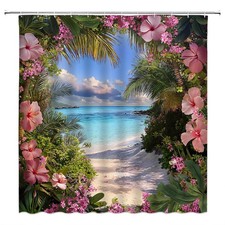 Beach Floral Shower Curtain Pink Floral Ocean Palm Leaves Scenery Landscape B...