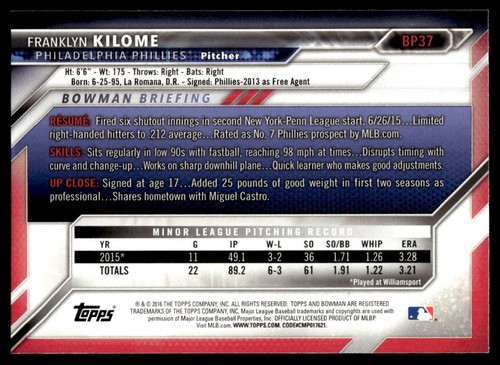 2016 Bowman Prospects Franklyn Kilome Philadelphia Phillies #BP37 - Picture 2 of 2