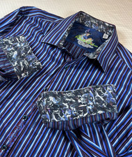 Mens 2XL Robert Graham Dragon Trim Button Up Shirt Vertical Blue Stripe Preppy