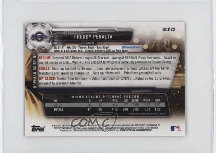 2017 Bowman Chrome Minis Prospects Orange Refractor /25 Freddy Peralta #BCP22 - Image 2 of 2