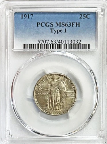 1917 TYPE 1 US STANDING LIBERTY QUARTER 25C COIN PCGS MINT STATE 63 FULL HEAD