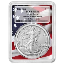 Presale - 2026 (W) $1 American Silver Eagle PCGS MS70 FDOI Flag Frame