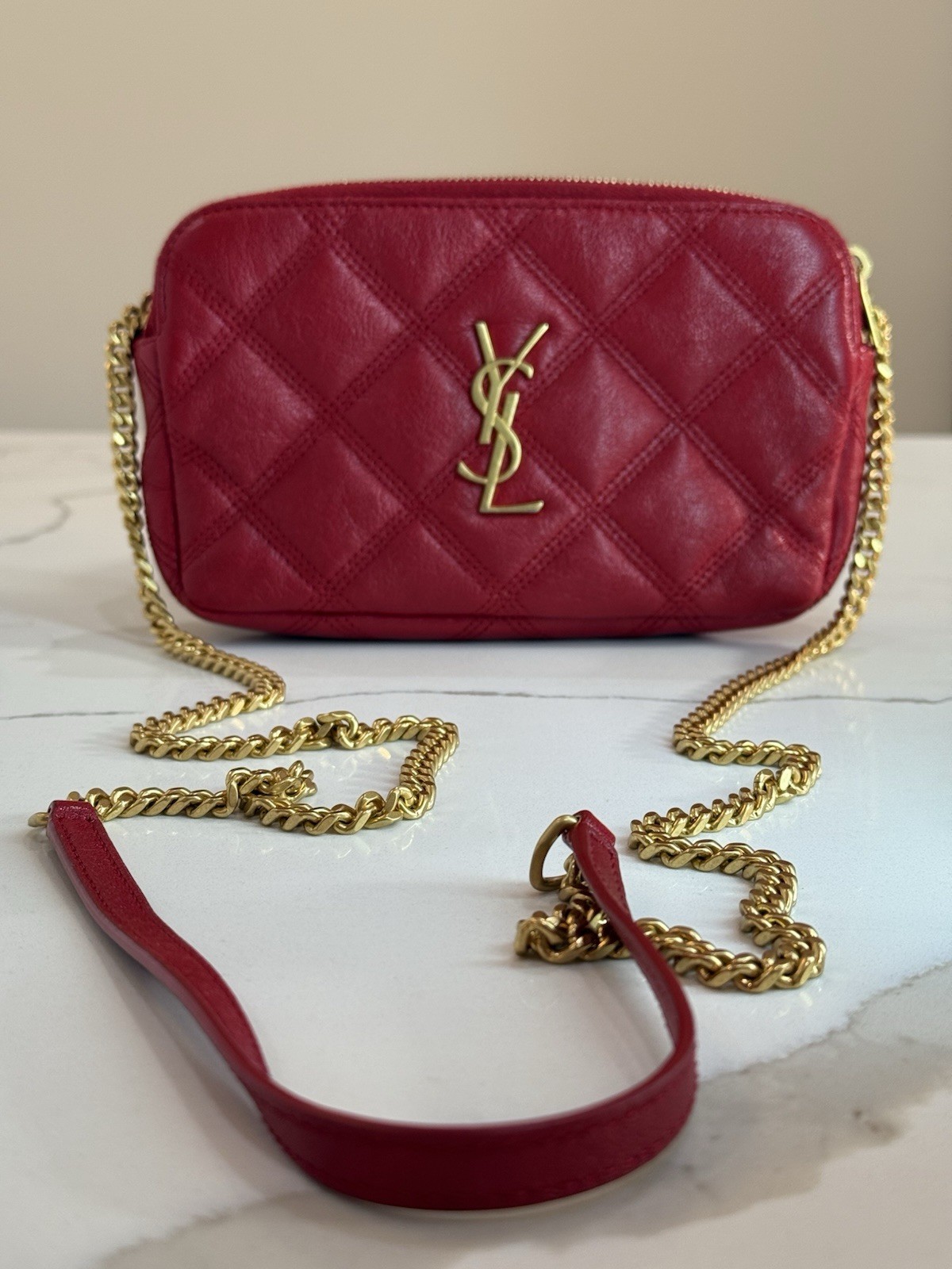 Saint Laurent Borsa Trapuntata Mini Becky Doppia Zip Rouge