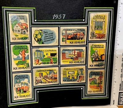 1957 Czech Matchbox Labels, Cleanliness & Health Series, Mid Century Set of 12