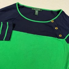 Lauren Ralph Lauren Womens XL Colorblock T Shirt Green Navy Gold Button
